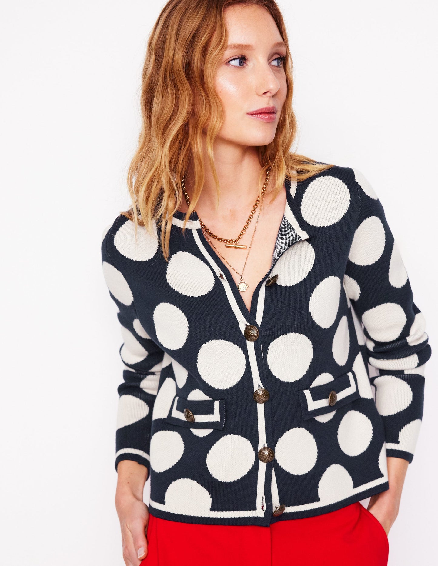 Holly Knitted Jacket-French Navy, Large Ivory Spot