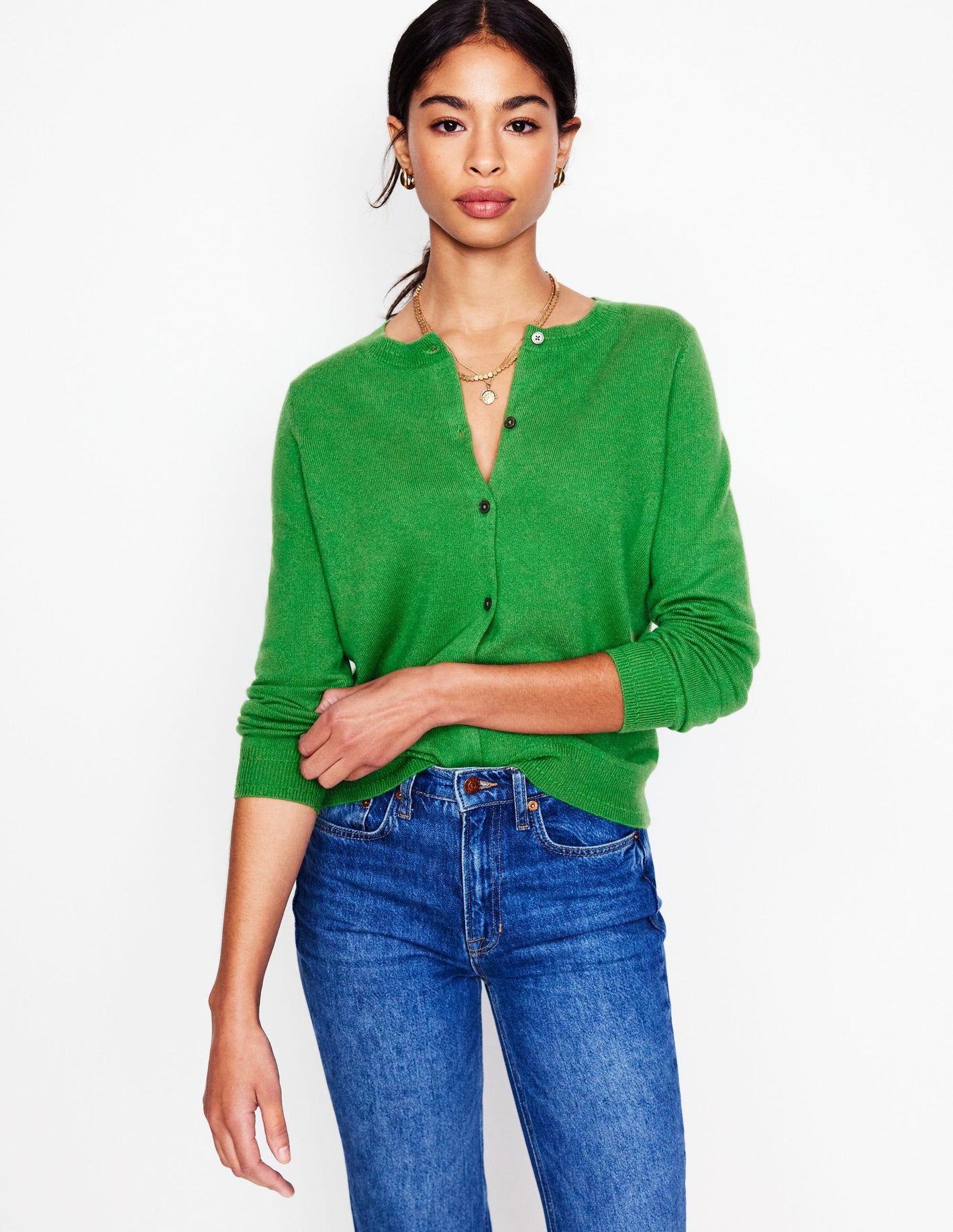 Eva Cashmere Crew Cardigan-Iguana Green