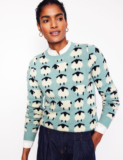 Heather Jacquard Jumper-Seamist Blue, Sheep