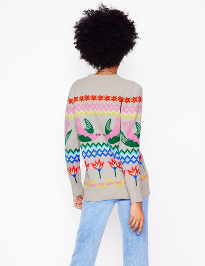 Fair Isle Boyfriend Cardigan -Oatmeal Melange, Birds