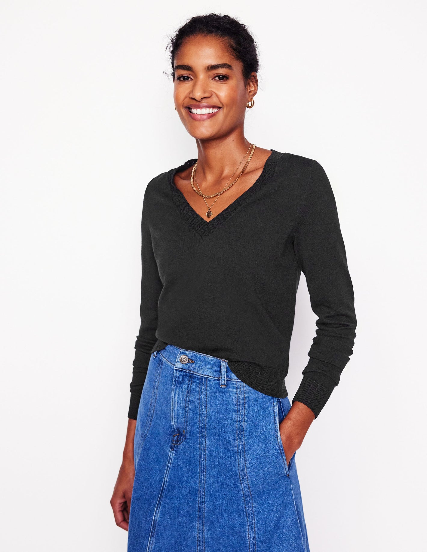 Emilia Cotton V Neck Jumper-Black