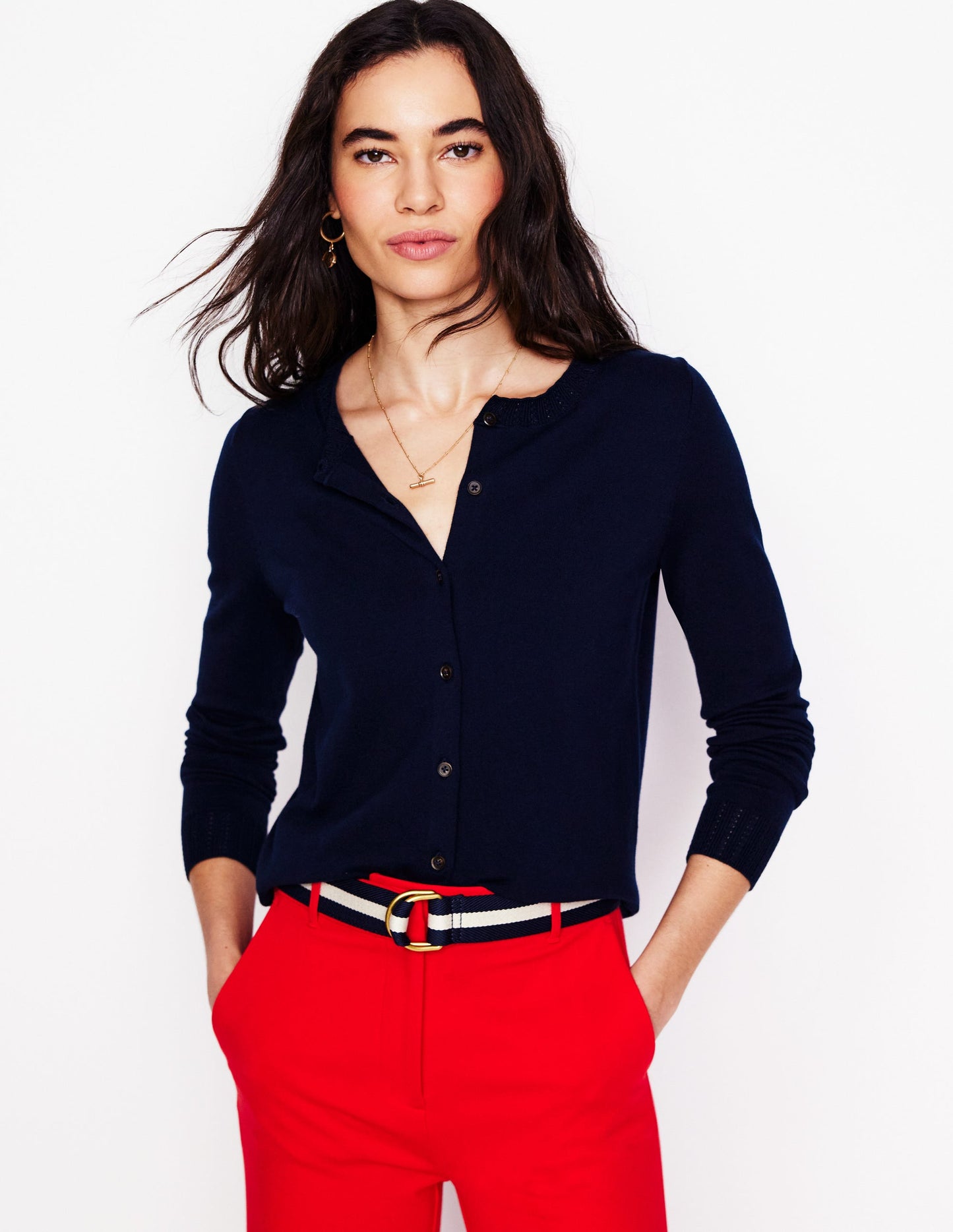 Emilia Cotton Crew Cardigan-Navy