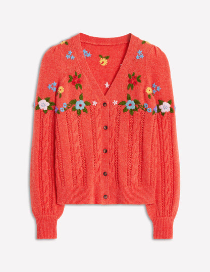 Fluffy Embroidered Cardigan-Firecracker Red