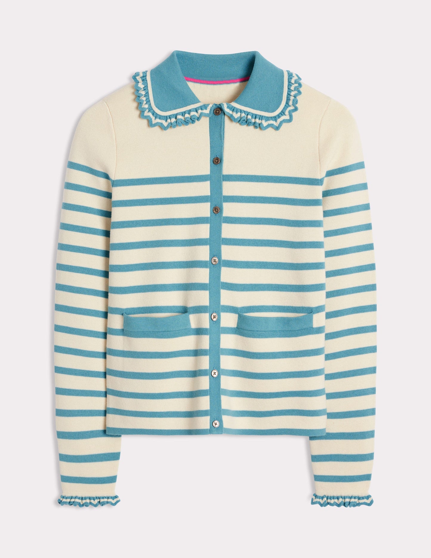 Jessie Frill Collared Cardigan-Ivory, Duck Egg Blue Stripe