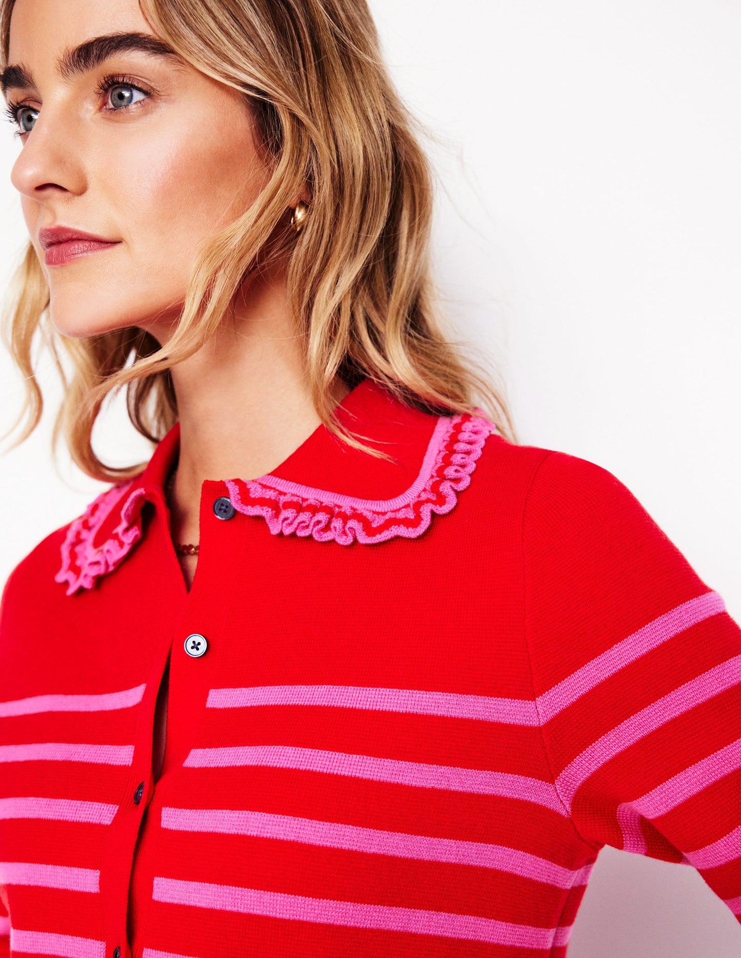 Jessie Frill Collared Cardigan-Poppy Red, Sorbet Pink Stripe