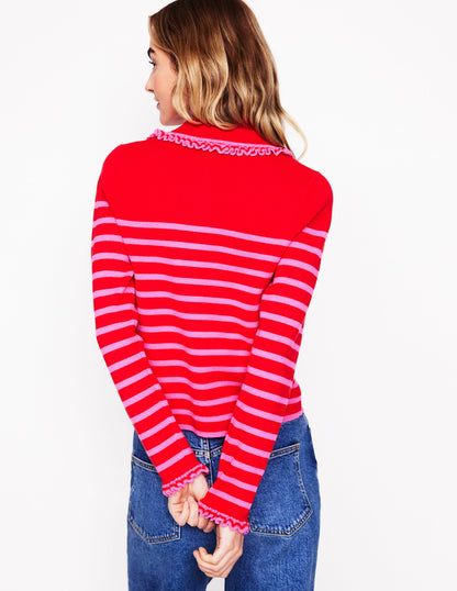 Jessie Frill Collared Cardigan-Poppy Red, Sorbet Pink Stripe