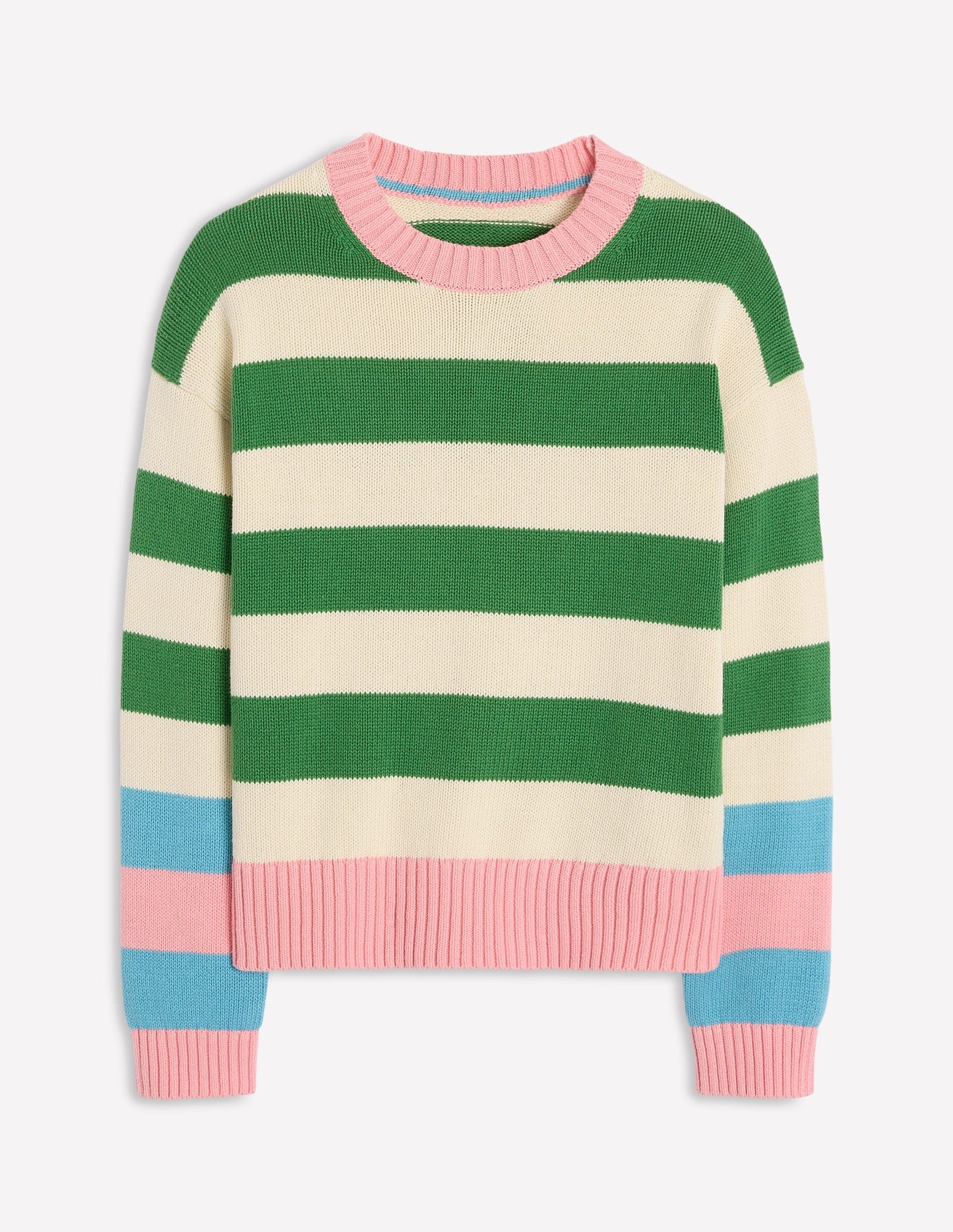 Lucinda Cotton Striped Jumper-Paradise Green, Pink Cuff