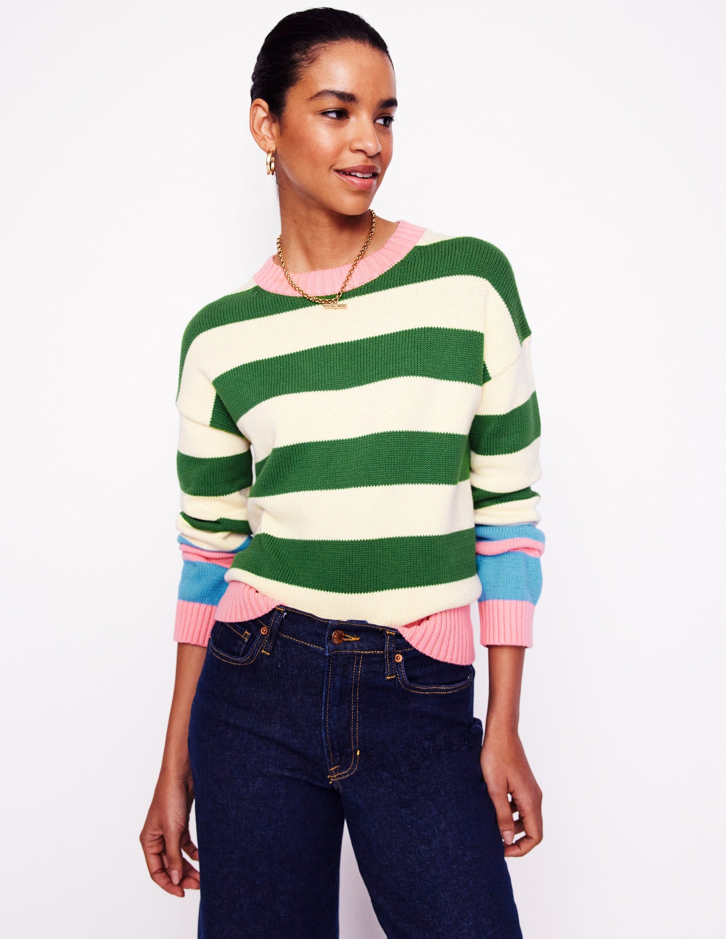 Lucinda Cotton Striped Jumper-Paradise Green, Pink Cuff