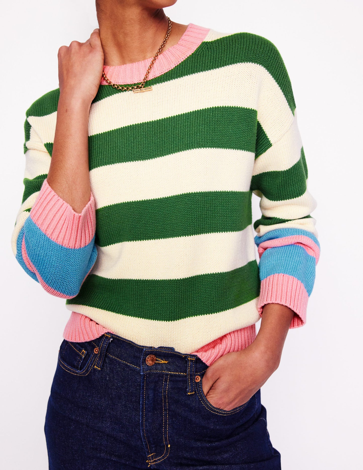 Lucinda Cotton Striped Jumper-Paradise Green, Pink Cuff