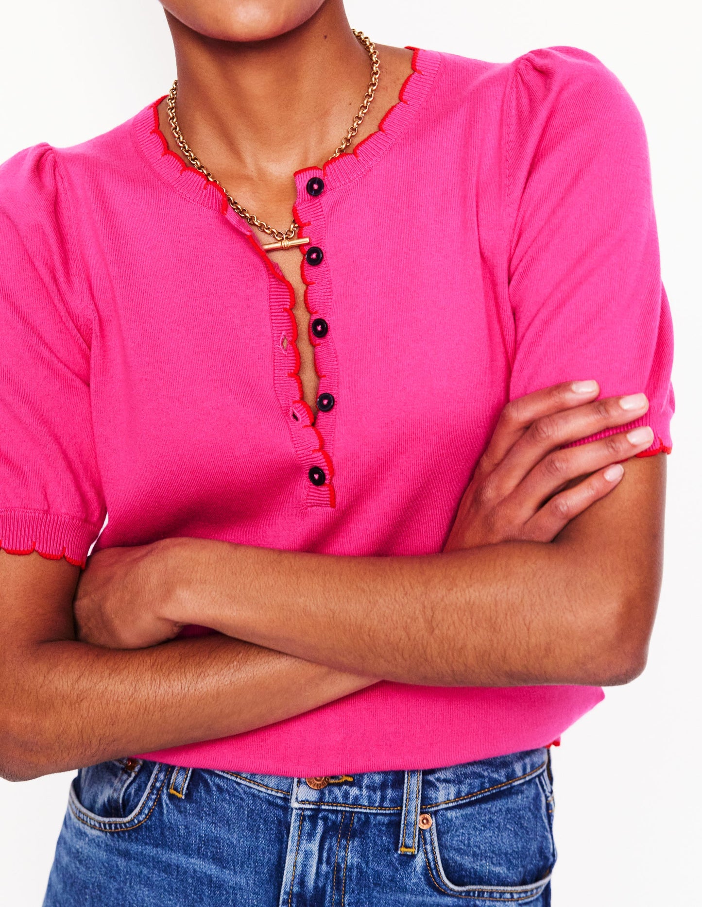 Pru Scallop Trim T-shirt-Pink Peony