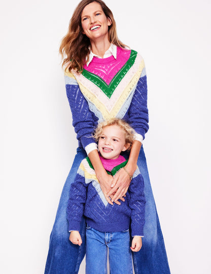 Alice Fluffy Raglan Jumper-Blue and Pink Chevron