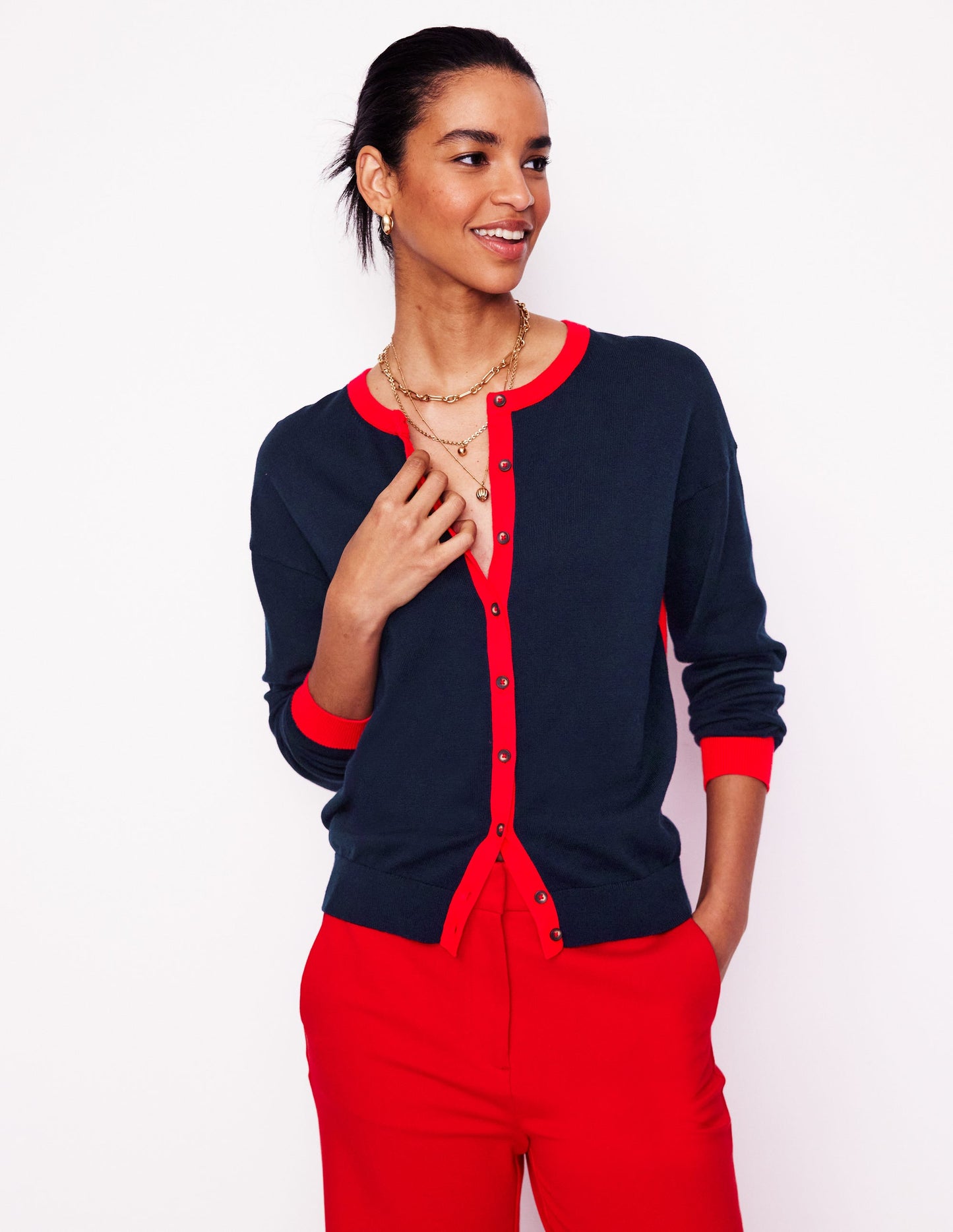 Lara Relaxed Cotton Cardigan -Navy, Poppy Red