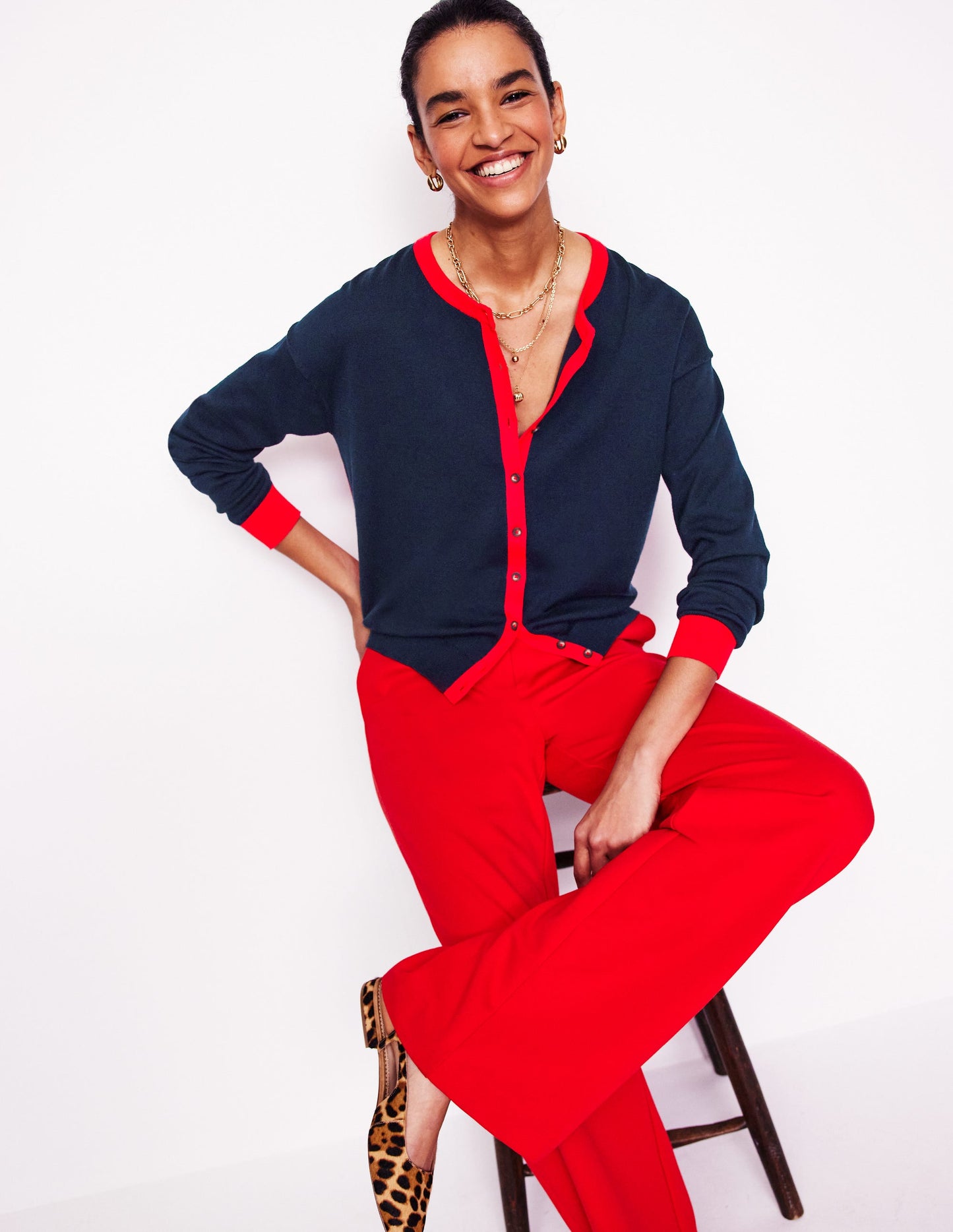 Lara Relaxed Cotton Cardigan -Navy, Poppy Red