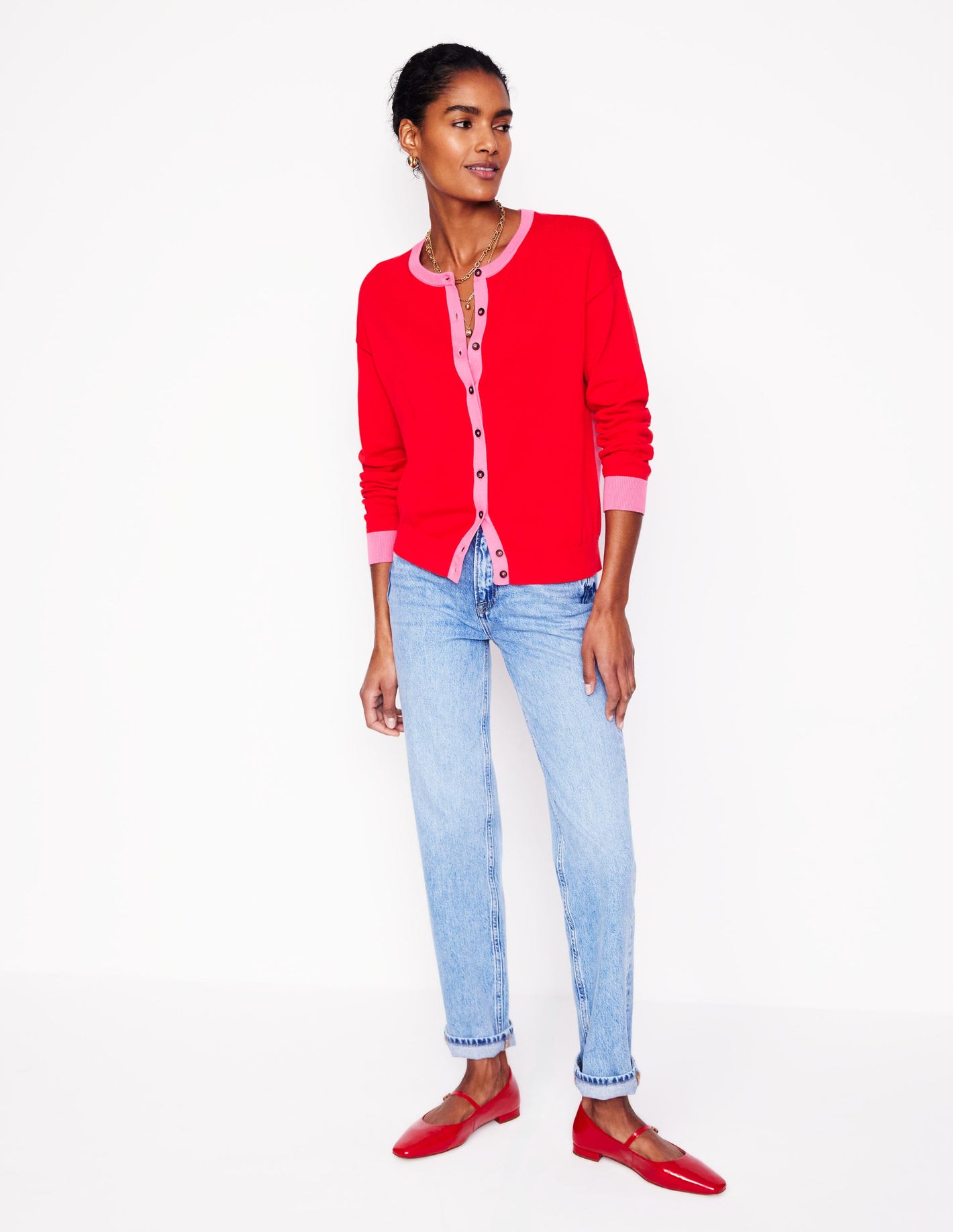 Lara Relaxed Cotton Cardigan -High Risk Red, Carmine Rose