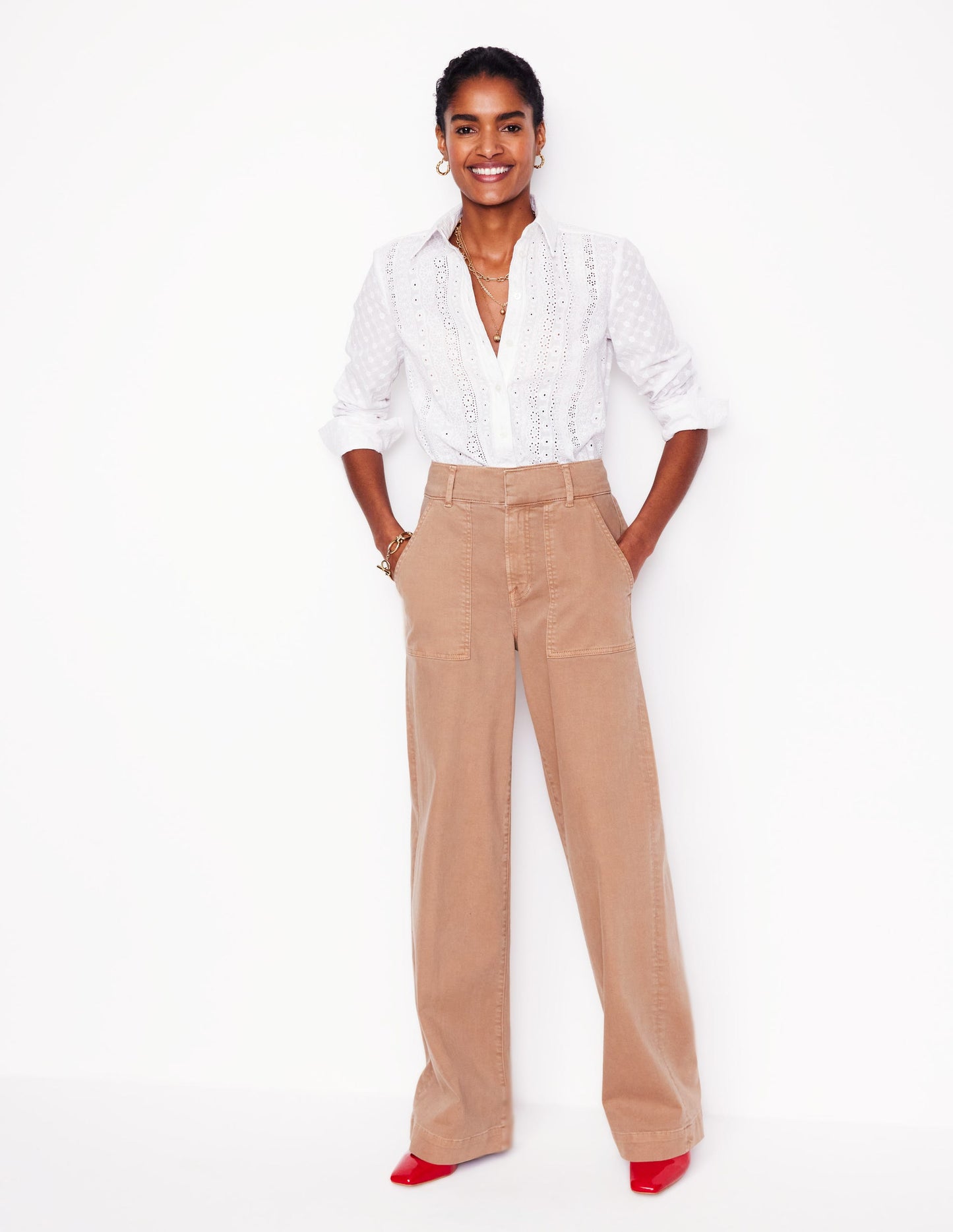 Wide Leg Cargo Trousers-Cappuccino