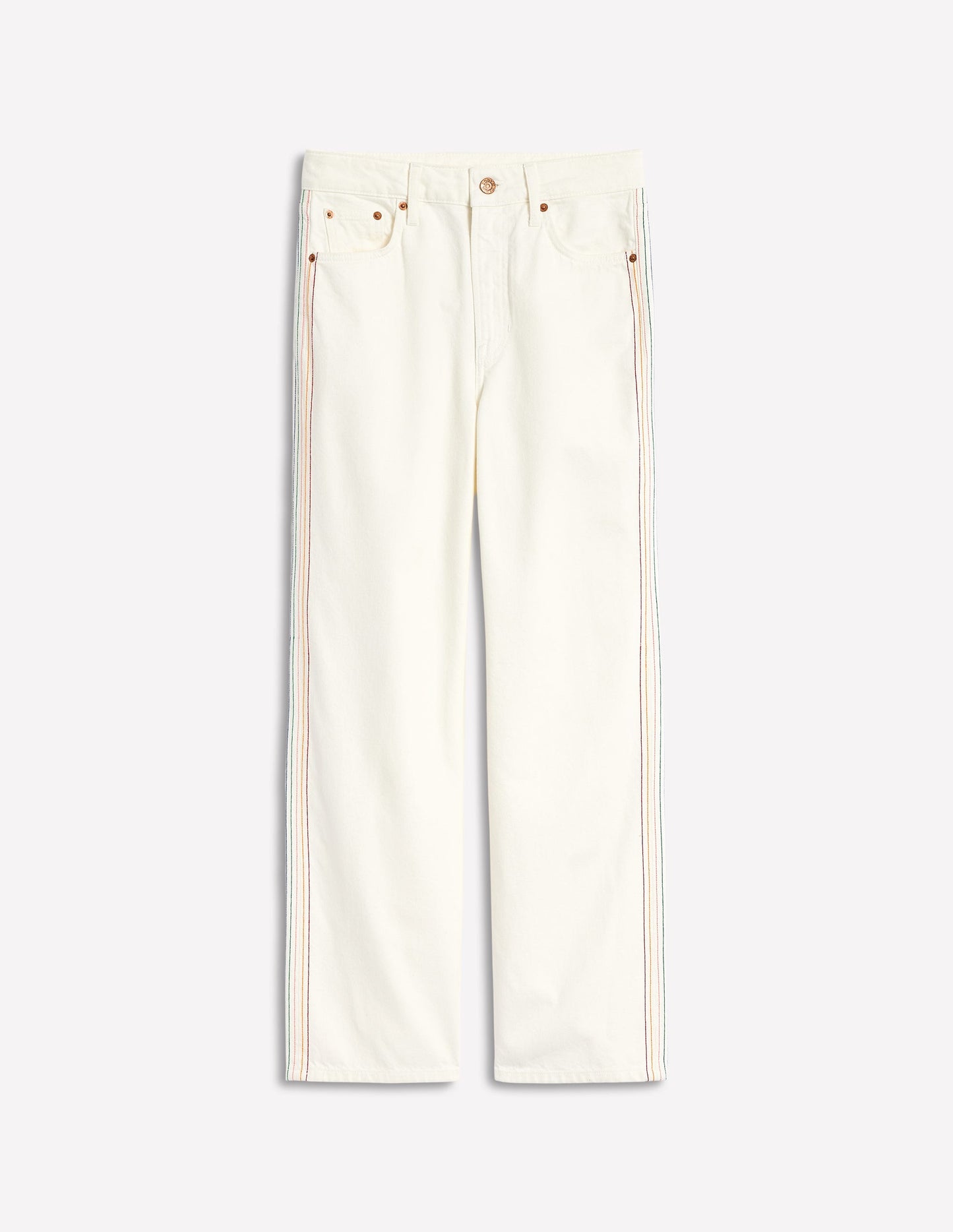 High Rise Straight Crop Jeans-Off White w/ Embroidery