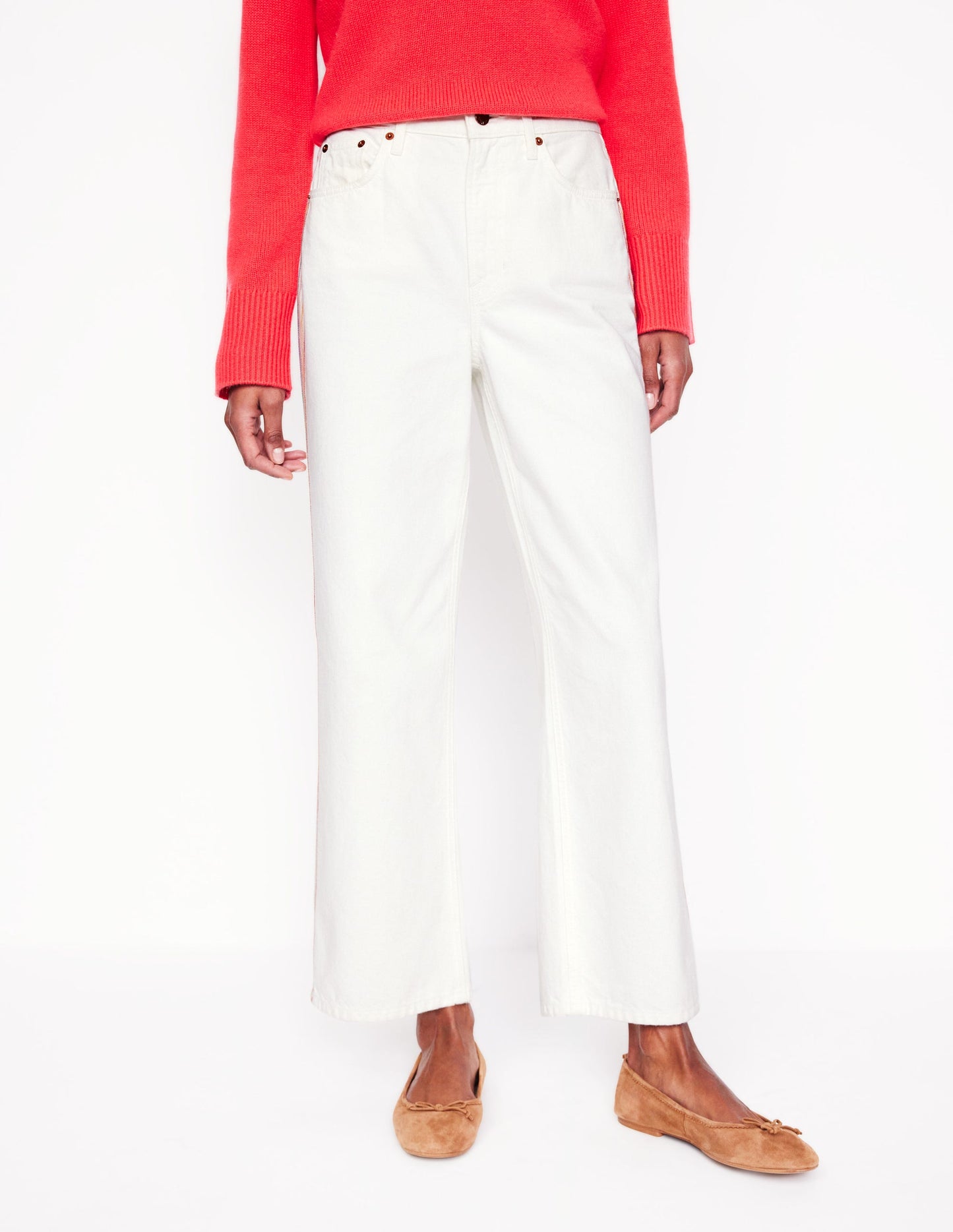 High Rise Straight Crop Jeans-Off White w/ Embroidery