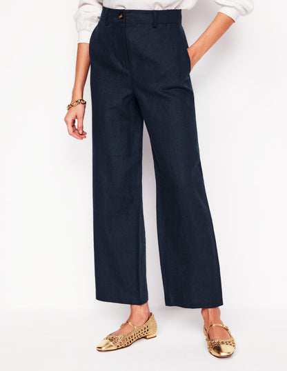 Westbourne Crop Linen Trousers-Navy