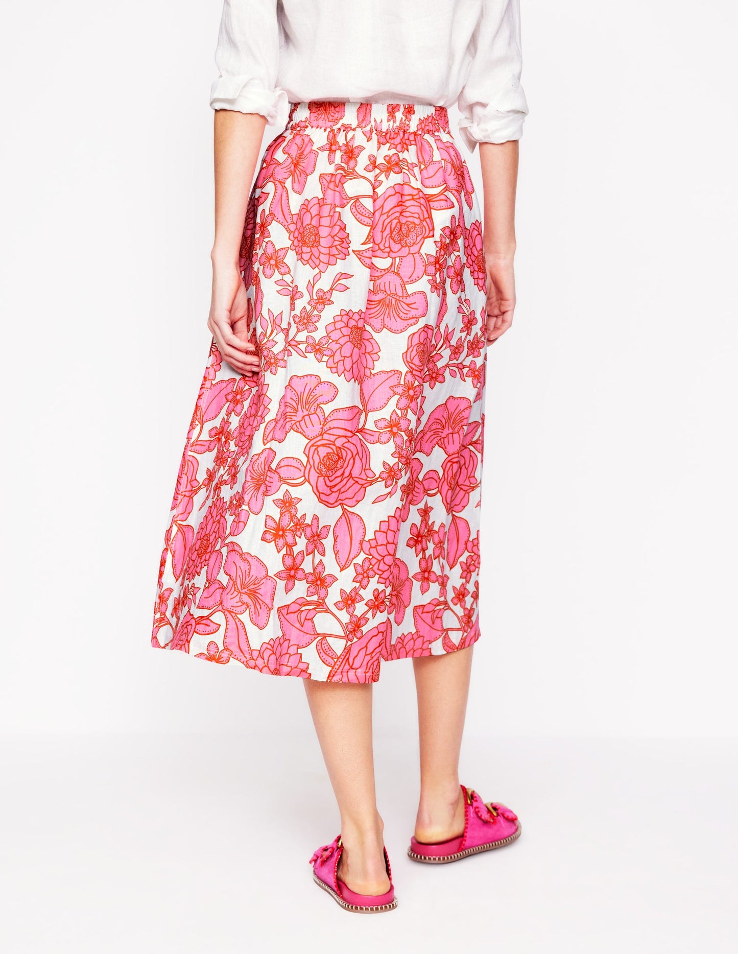 Verity Linen Midi Skirt-Pink, Blossom Cascade