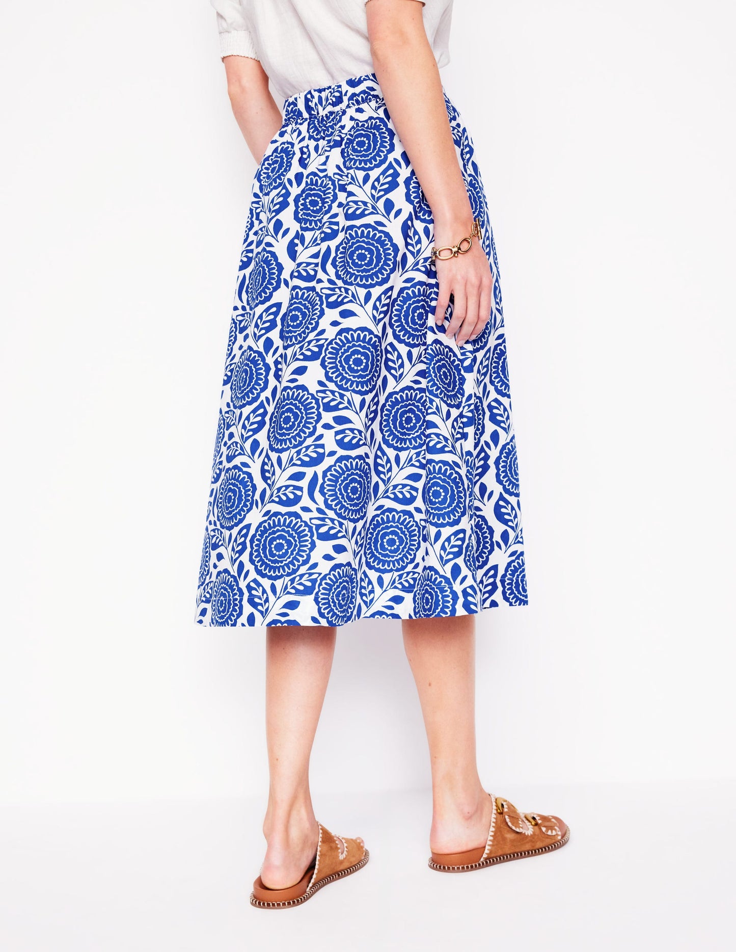 Hattie Poplin Midi Skirt-Bright Blue, Dahlia Stamp