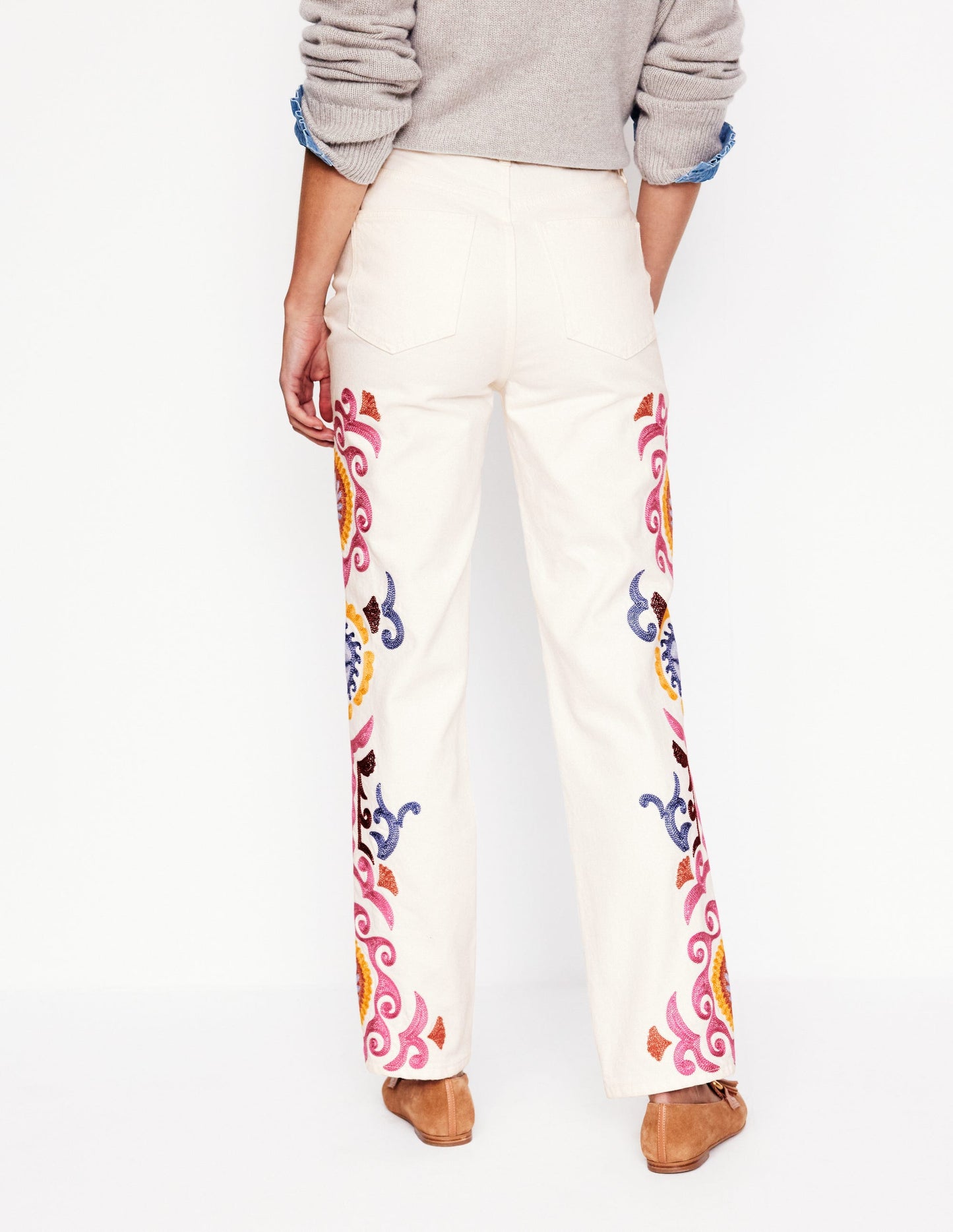 High Rise Embroidered Jeans-White Embroidery