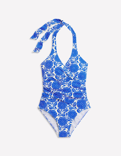 Levanzo Halter Swimsuit-Blue Dahlia Stamp