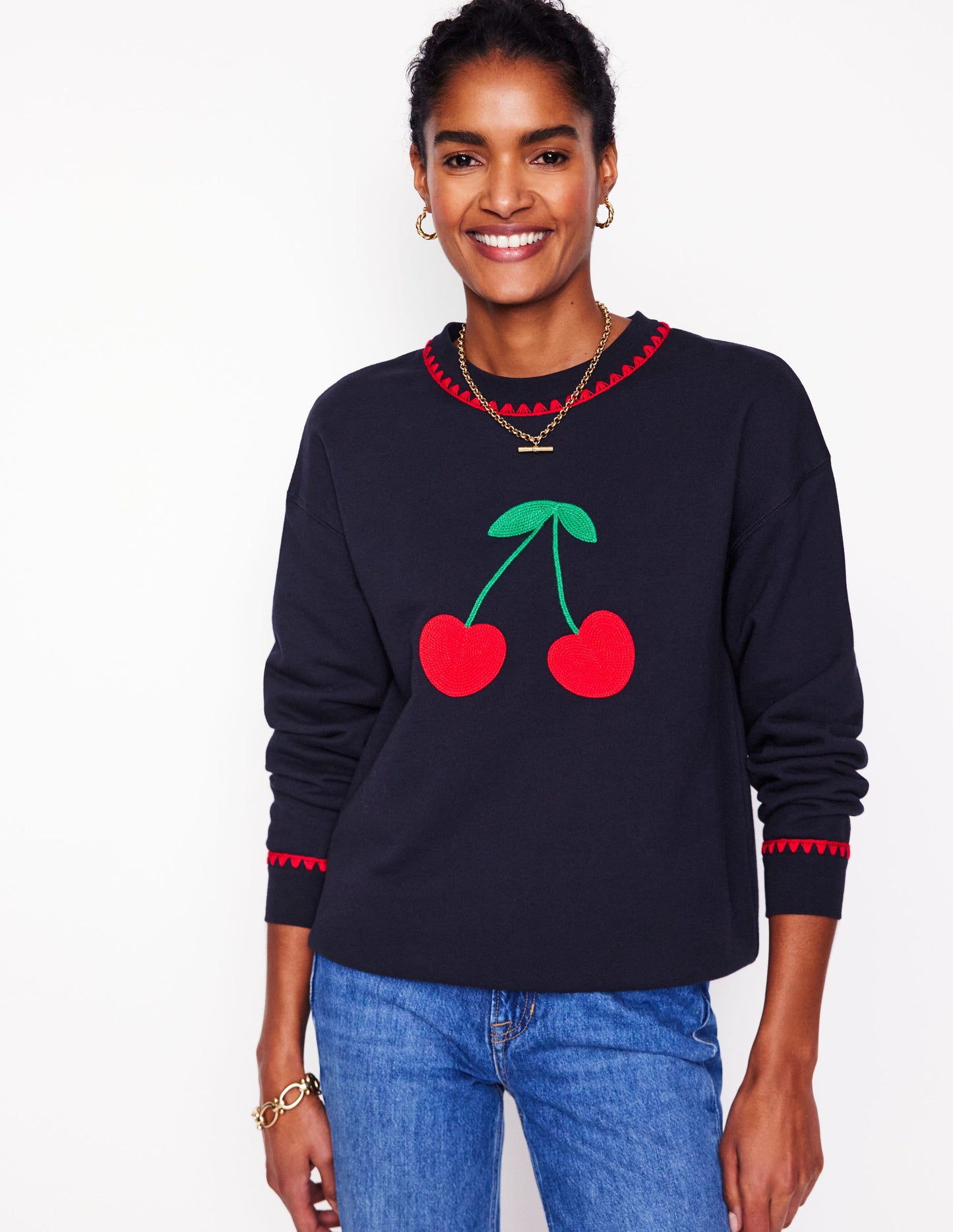 Emi Embroidered Sweatshirt-Navy, Cherries