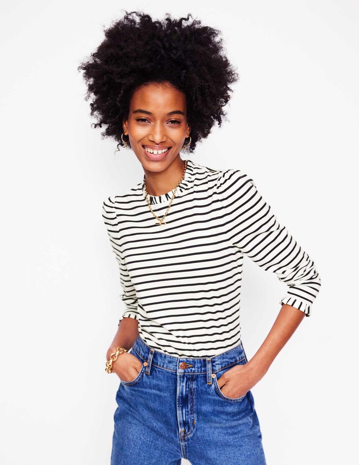 Supersoft Frill Detail Top-Ivory / Navy Stripe