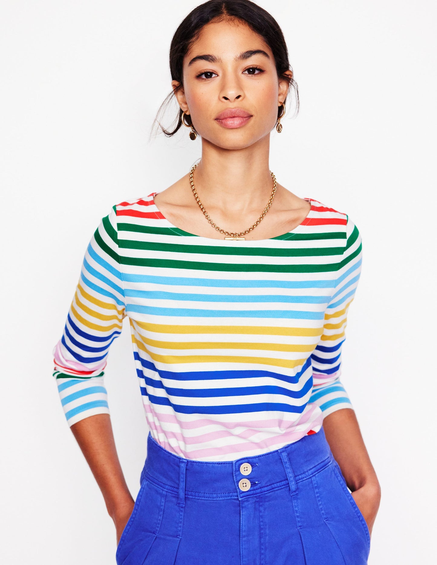 Ella Long Sleeve Breton-Banded Rainbow Stripe