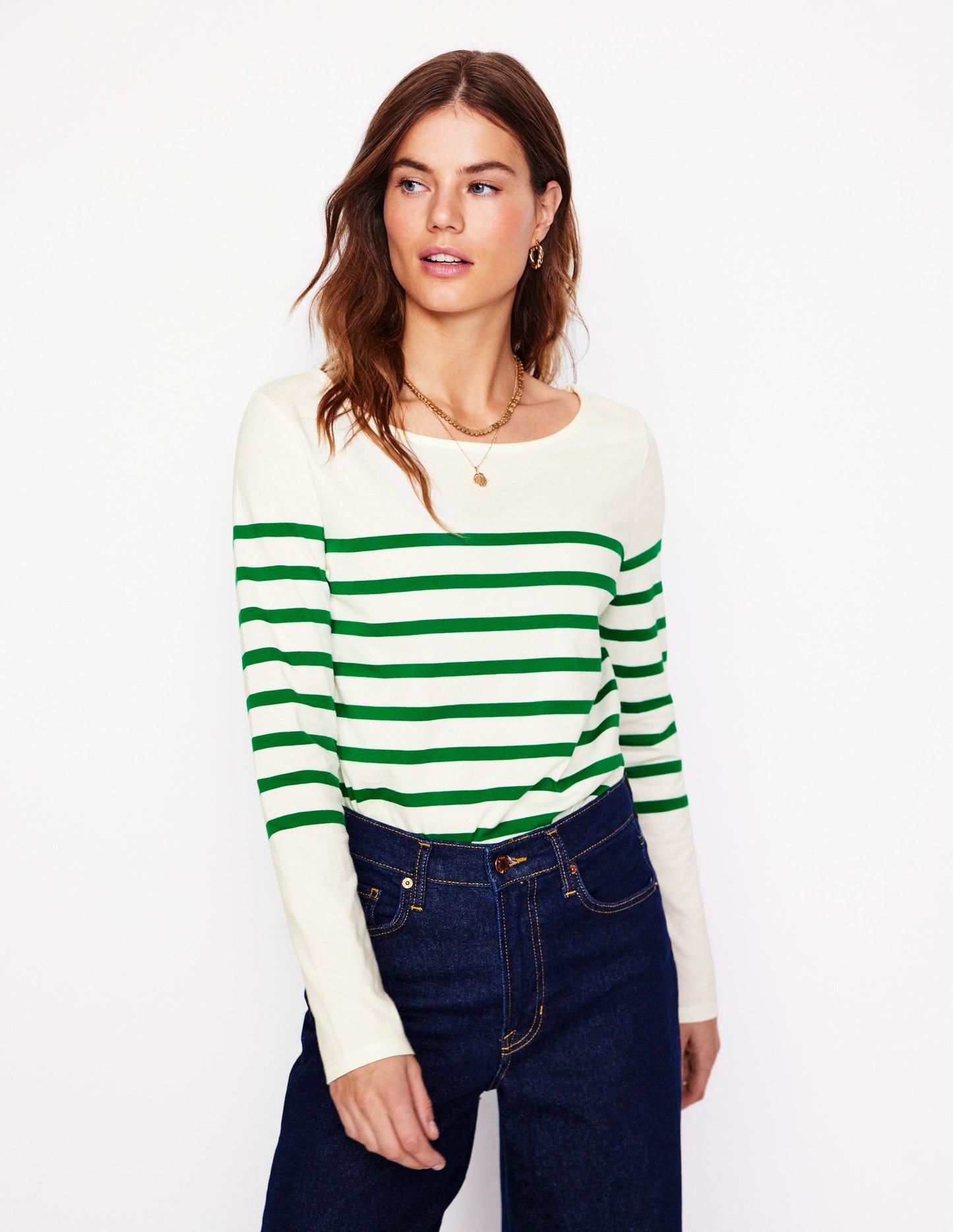 Ella Long Sleeve Breton-Ivory, Rich Emerald