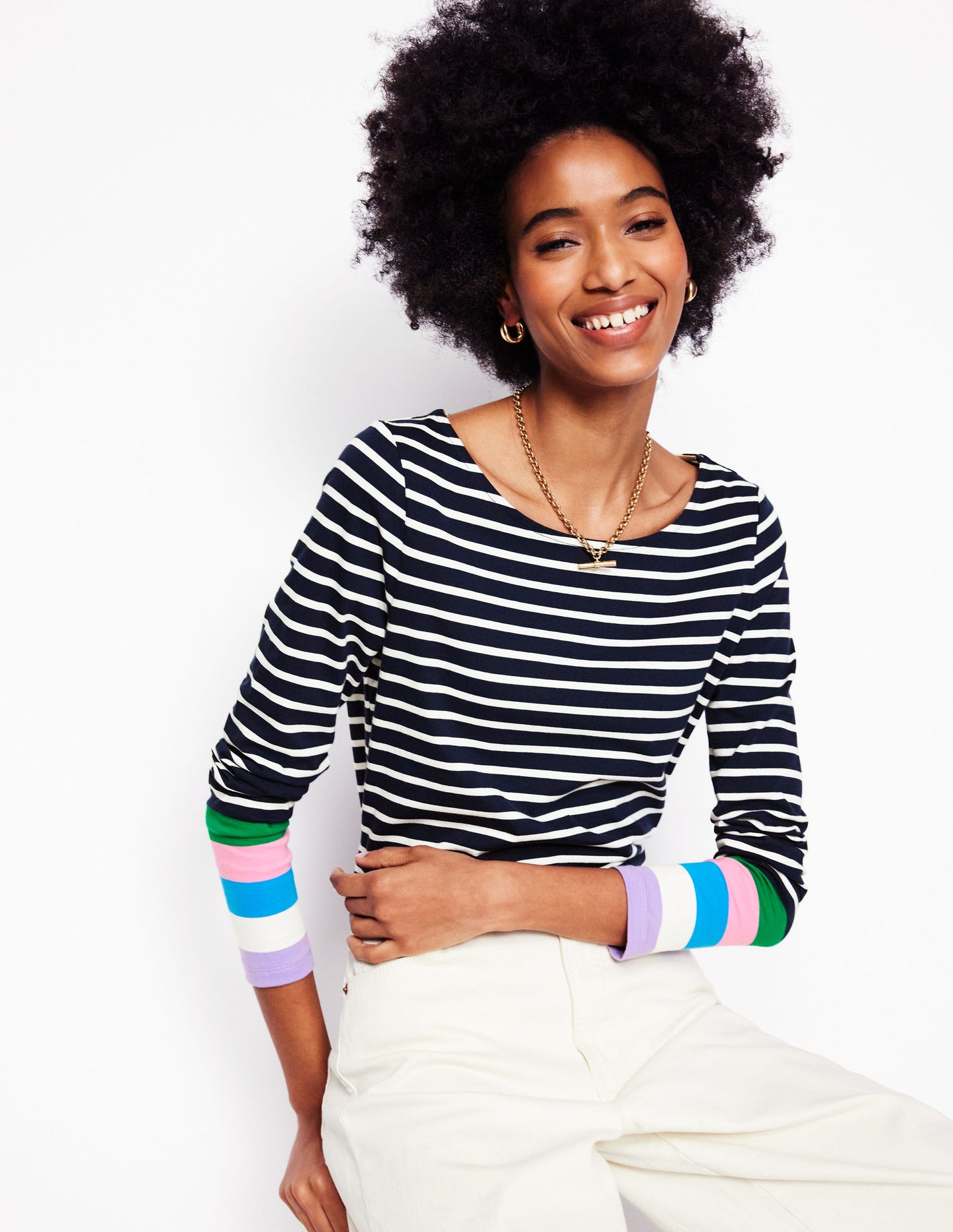 Ella Long Sleeve Breton-Navy Multi Cuff