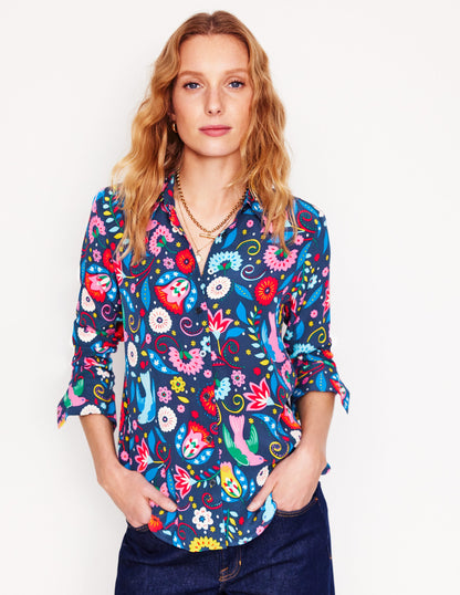 Sienna Silk Shirt -French Navy, Decorative Garden