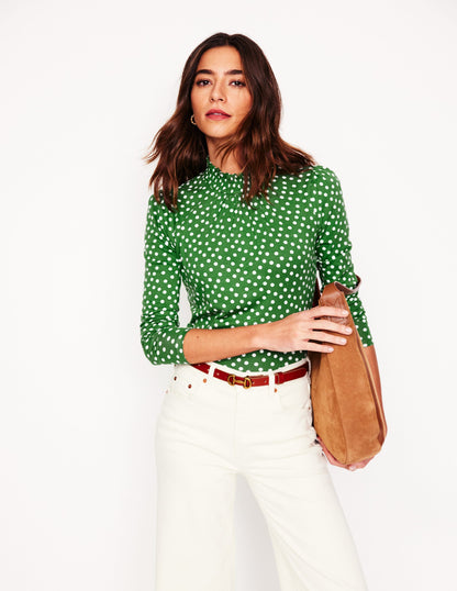 Smocked Neck Printed Top-Promenade Green, Abstract Dot