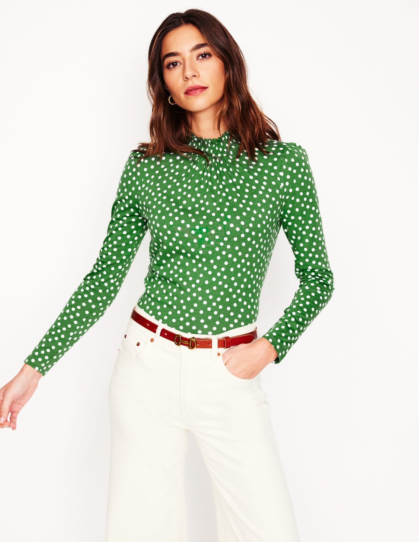 Smocked Neck Printed Top-Promenade Green, Abstract Dot