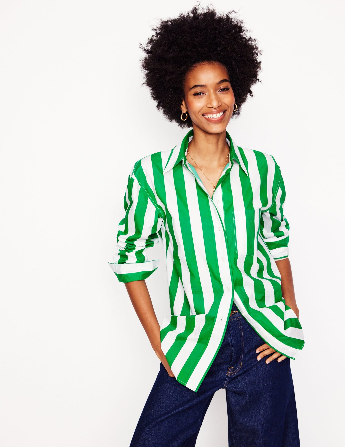 Sadie Relaxed Cotton Shirt-Rich Emerald Wide Stripe