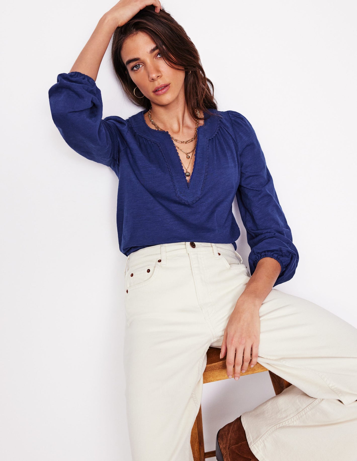 Ava Long Sleeve Trim Top-Starboard Blue