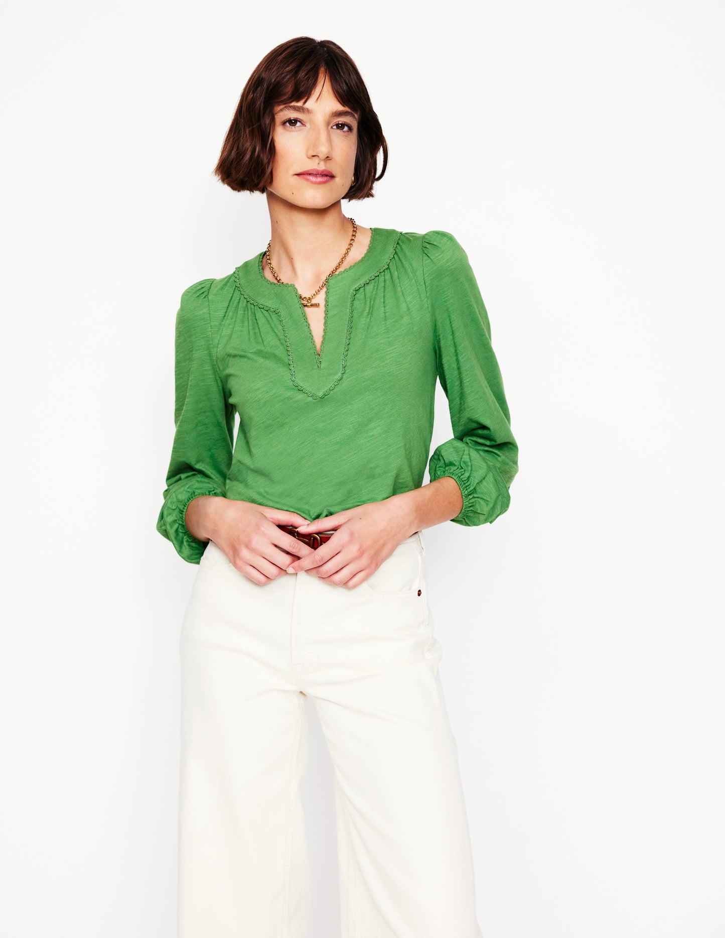 Ava Long Sleeve Trim Top-Paradise Green