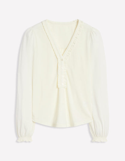 Poppy Ruffled Henley Top-Ivory