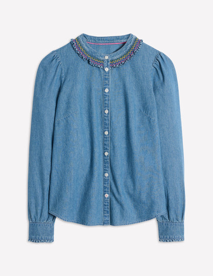 Smocked Neck Denim Shirt-Light Authentic