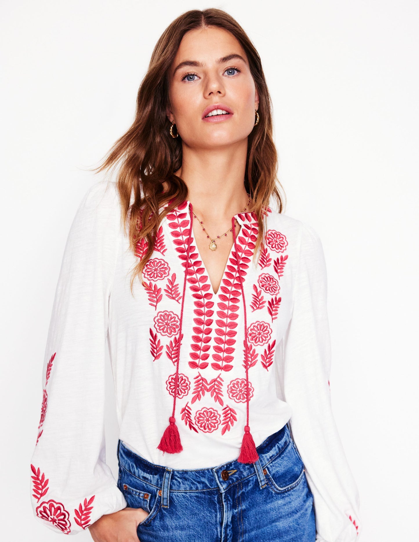 Nia Embroidered Top-White, Berry Red