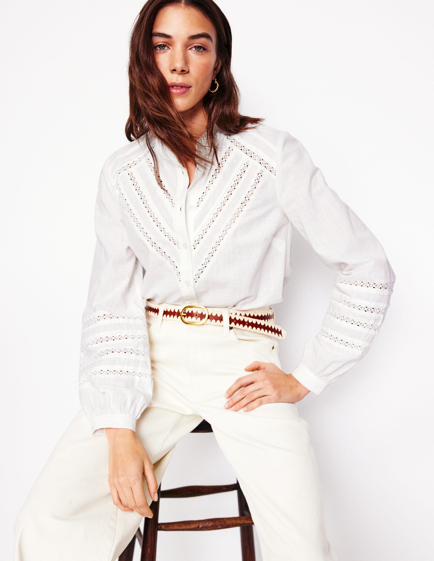 Lace Trim Cotton Blouse-White