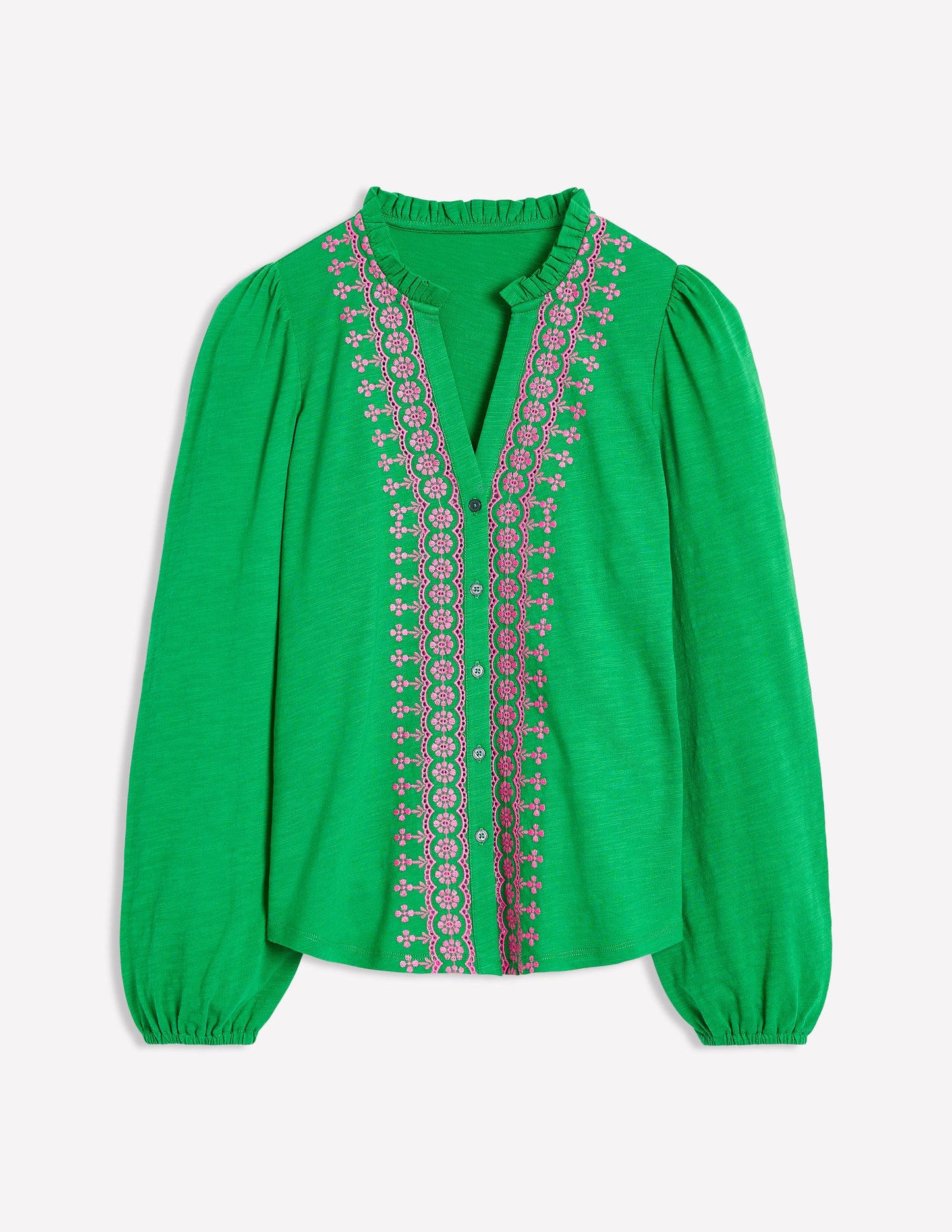 Embroidered Frill Neck Blouse-Rich Emerald