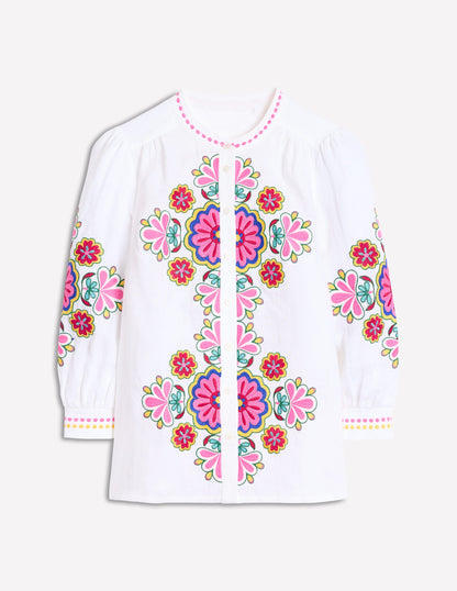 Alicia Linen Top-White, Floral Embroidery