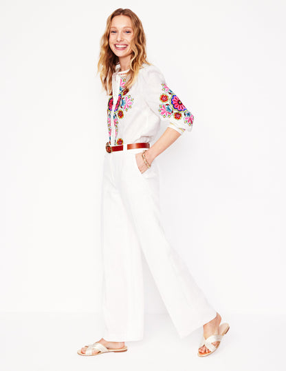 Alicia Linen Top-White, Floral Embroidery