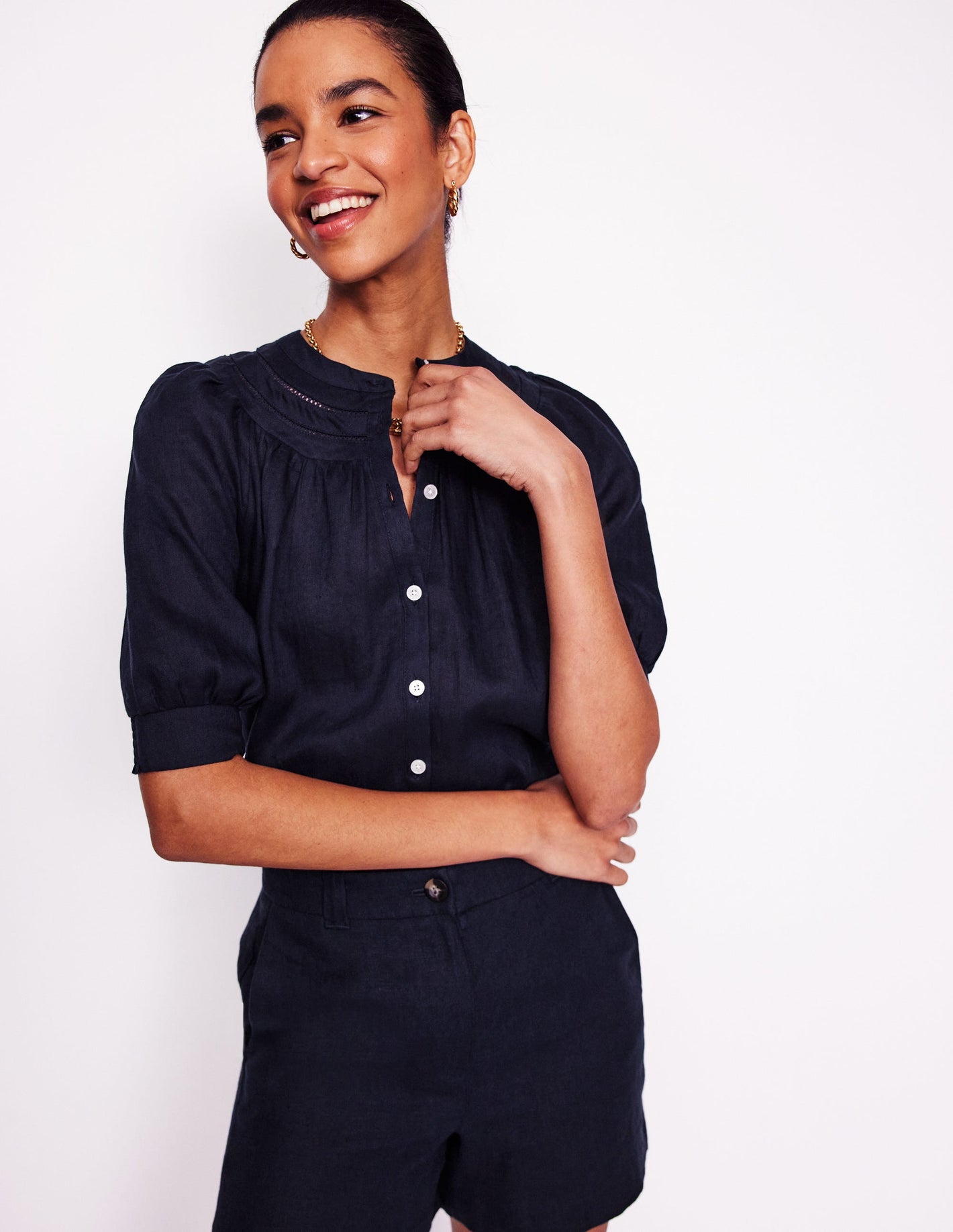 Bea Linen Top-Navy