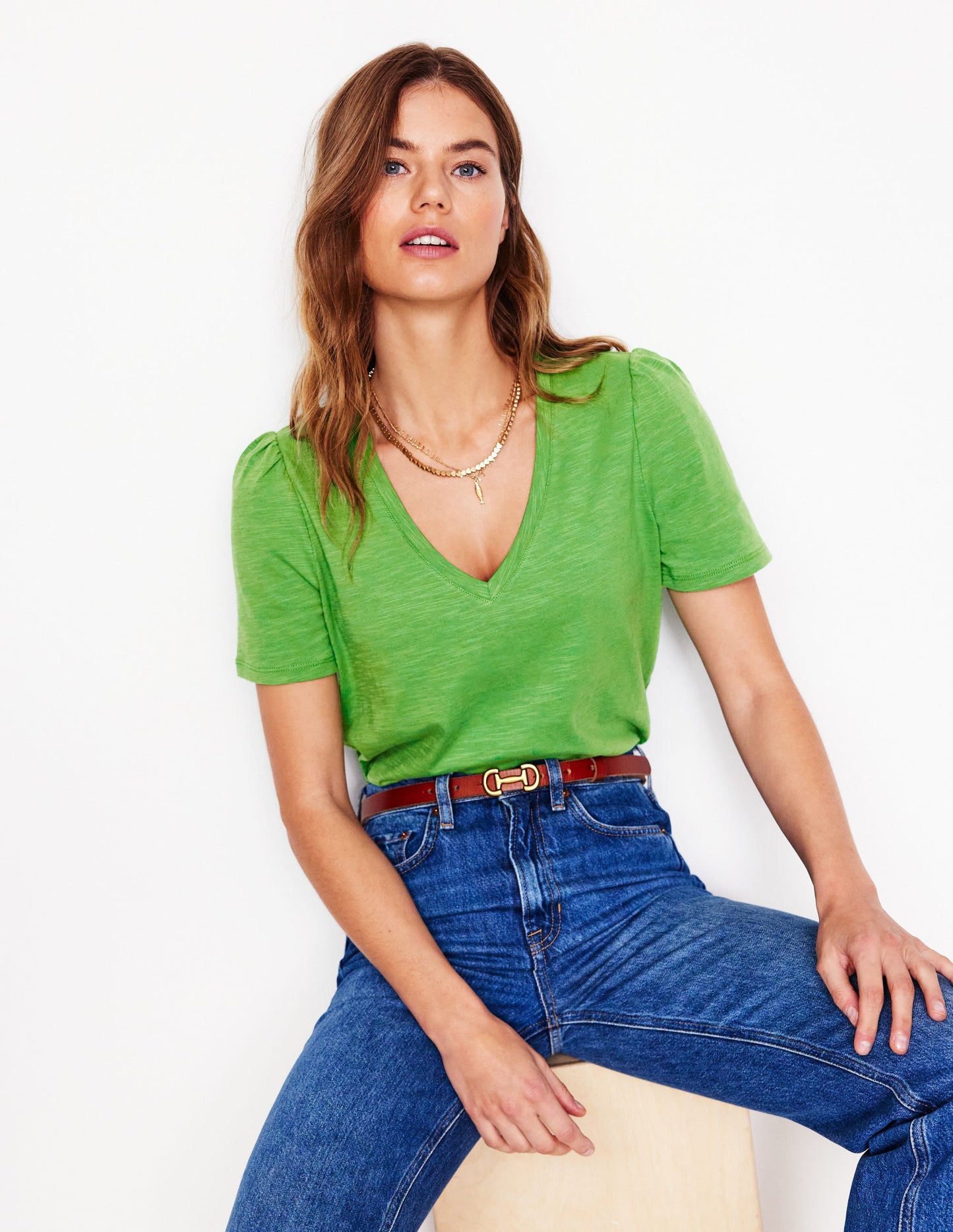 Short Sleeve V Neck T-shirt-Paradise Green