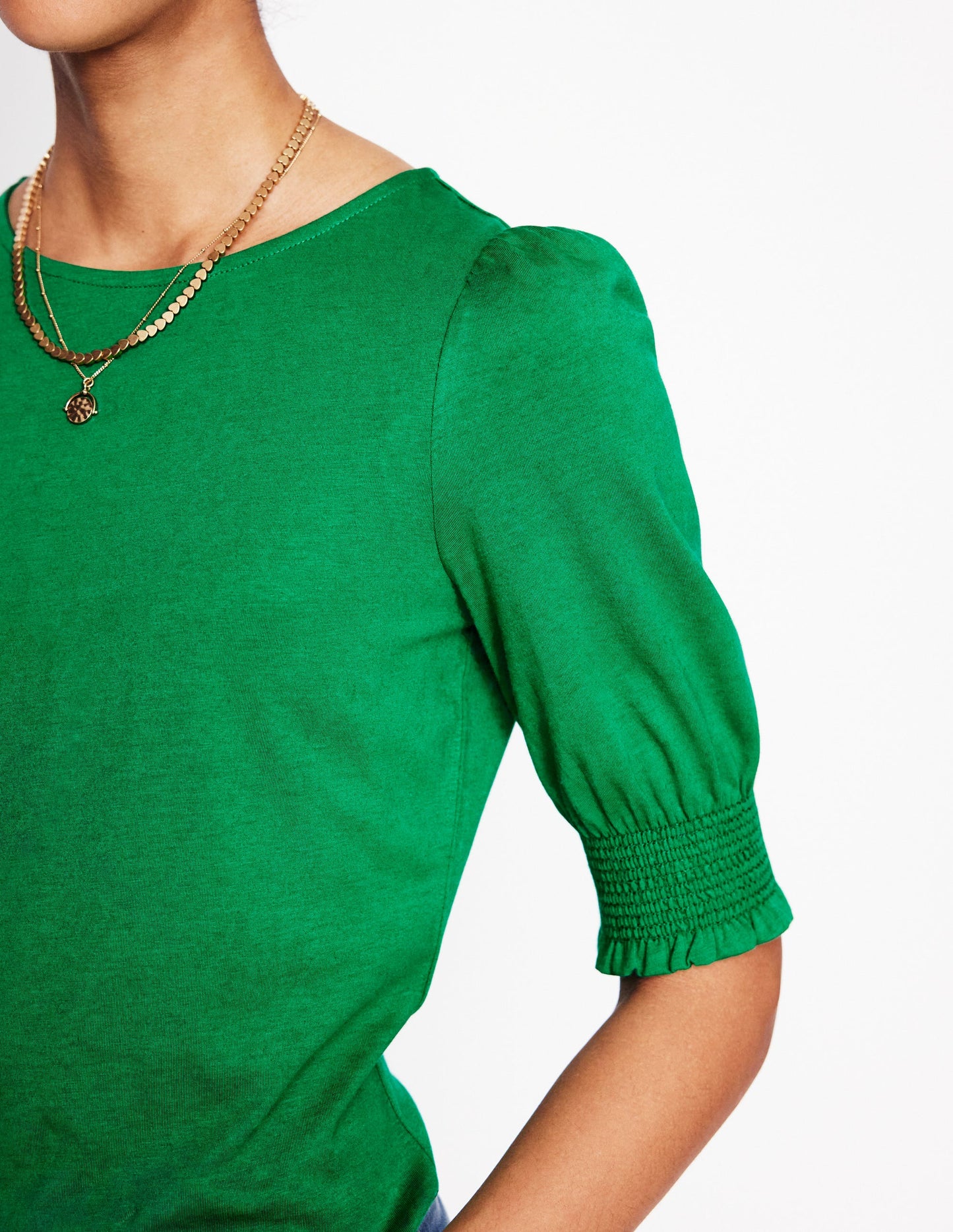 Short Sleeve Smocked Cuff Top-Rich Emerald