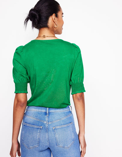 Short Sleeve Smocked Cuff Top-Rich Emerald