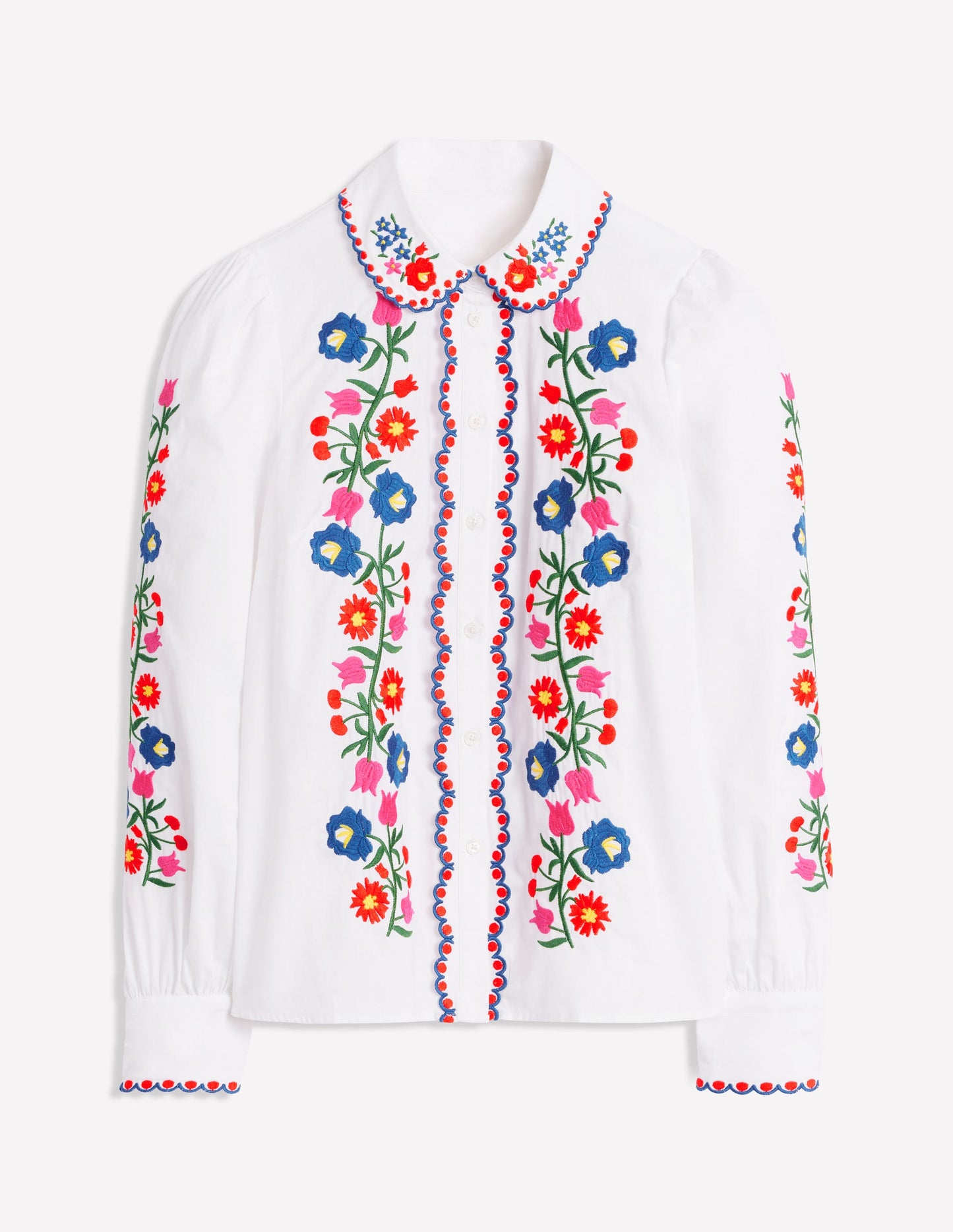 Embroidered Cotton Shirt-White, Floral Embroidery