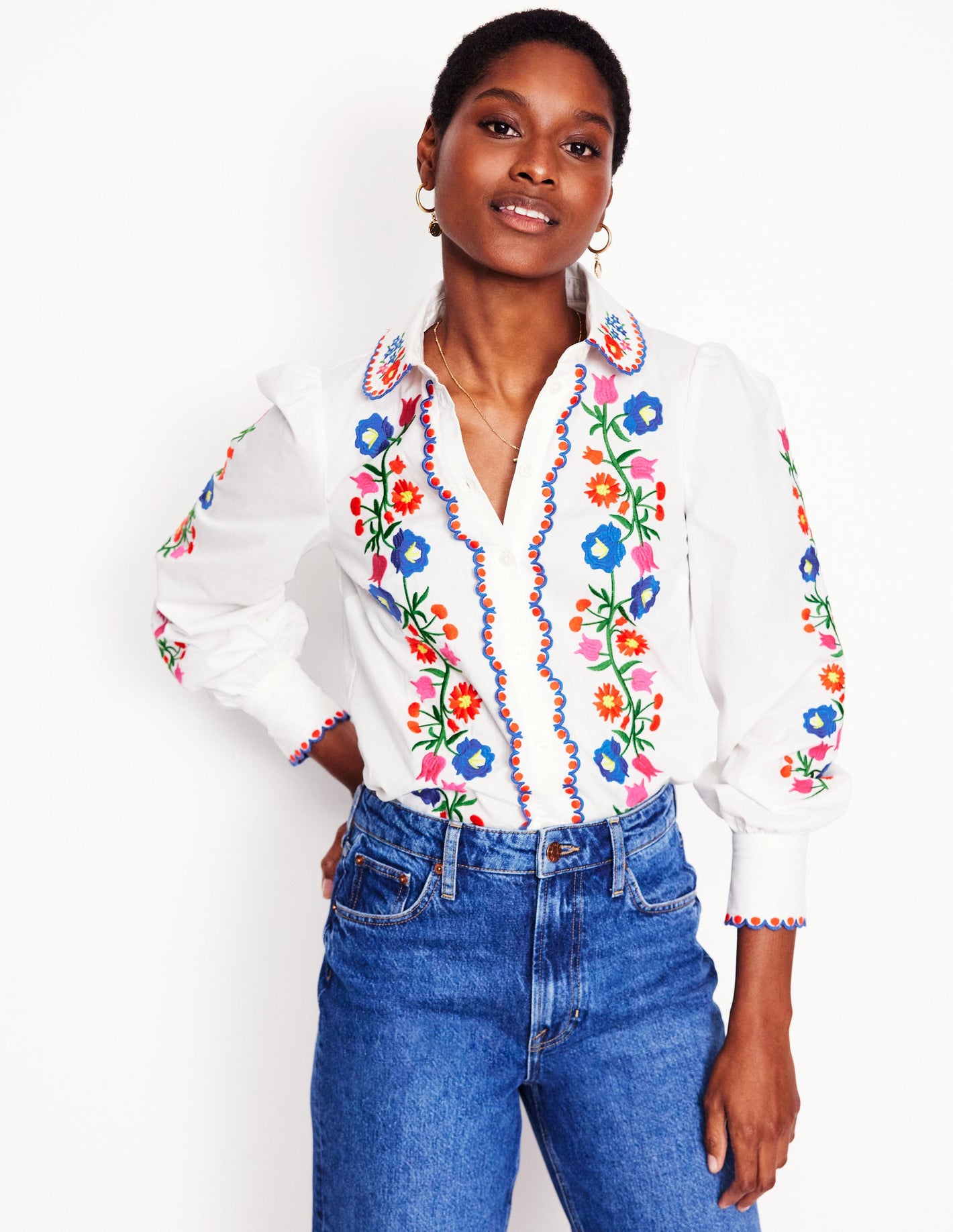 Wow Embroidered Blouse-White, Floral Embroidery